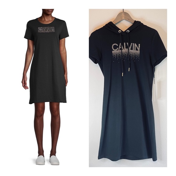Calvin Klein Rhinestone Logo Women’s Black Mini T-Shirt Dress Sz Small NWT - Picture 1 of 10